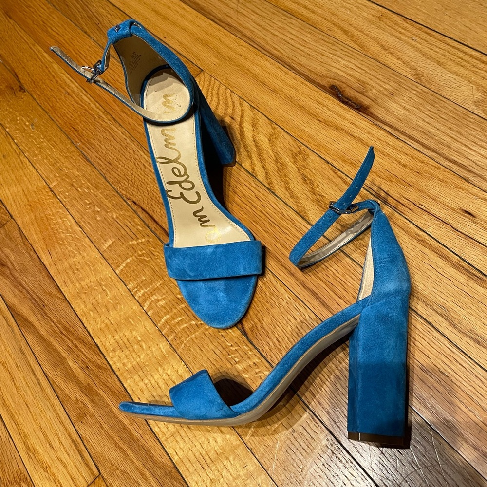 🔽Sam Edelman Yaro Leather Chunky Block Ankle strap Sandals vibrant 8.5 blue jean